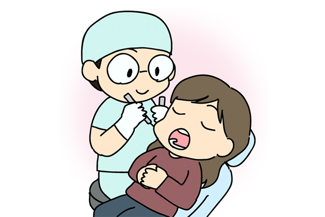 静脈内鎮静法で無痛治療をする歯科医師のイラスト